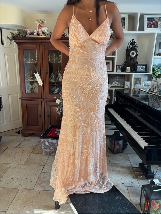 Scala Dresses & Skirts - Scala Peach Beaded Spaghetti Strap Prom Dress
